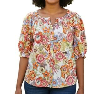 Rose & Olive Floral Puff Sleeve Top Womens 2X Multicolor Button Up Bold Peasant